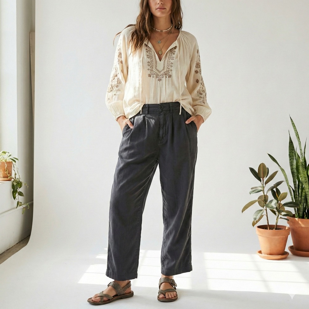 Free People Pleated Wide Leg Pants Womens 2 Soft Black Casual Boho Relaxed Fit